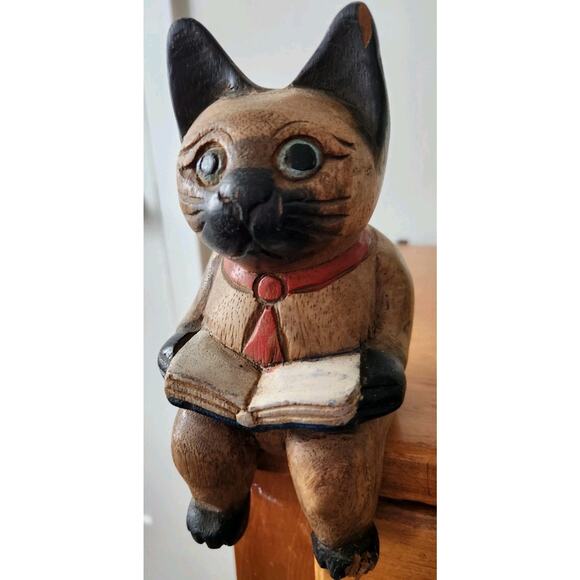 Vintage Folk Art Cat w/ Book & Red Tie Handmade Wooden Whimsical Shelf Sitter 7" - Picture 1 of 11